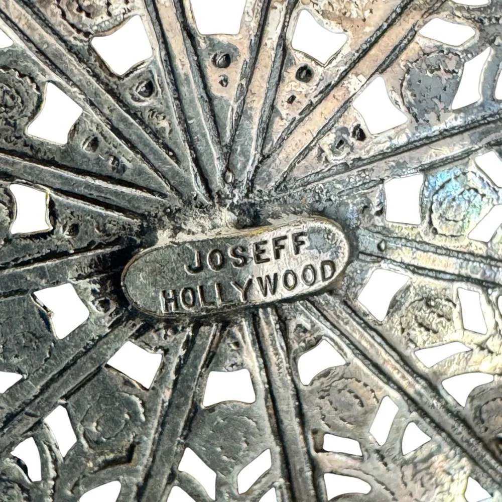 Joseff Hollywood Ornate Silver Metal Brooch with Blue Glass  Accents